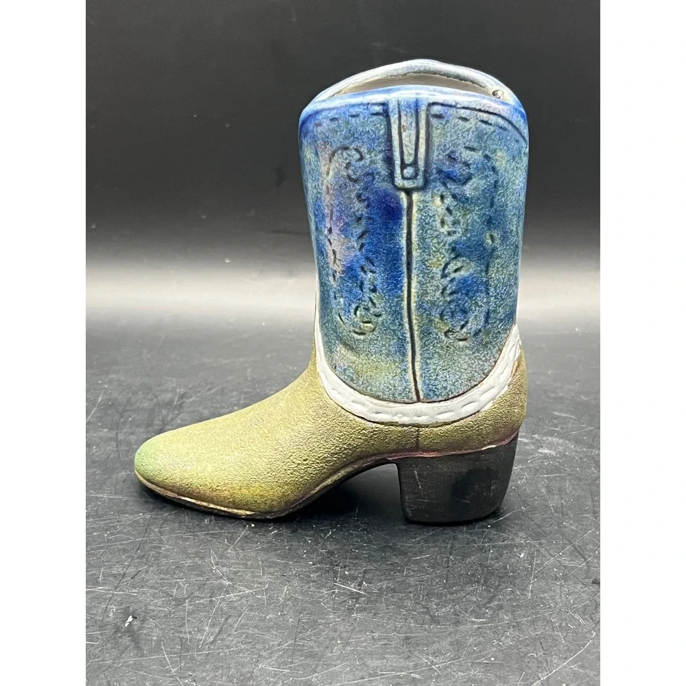 Jeremy Diller Raku Pottery Cowboy Boot Vase Planter Signed Mexico Southwest 4.5